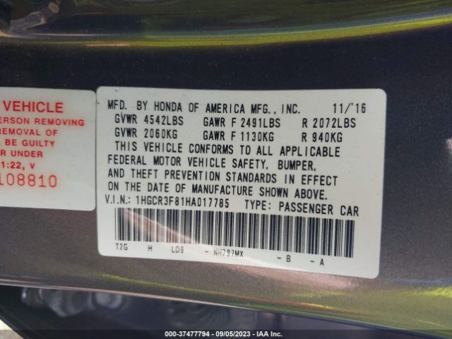 1HGCR3F81HA017785 Honda Accord Sedan Ex-l V6