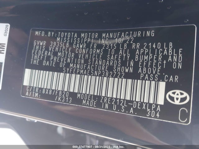 2022 TOYOTA COROLLA LE VIN: 5YFEPMAE5NP382722