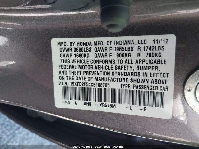 2012 HONDA CIVIC SDN LX VIN: 19XFB2F54CE108765