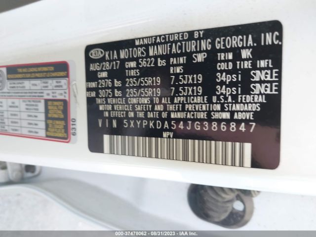 5XYPKDA54JG386847 KIA Sorento Sx V6