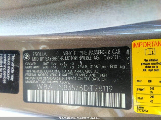 2006 BMW 7 SERIES 750LI VIN: WBAHN83576DT28119