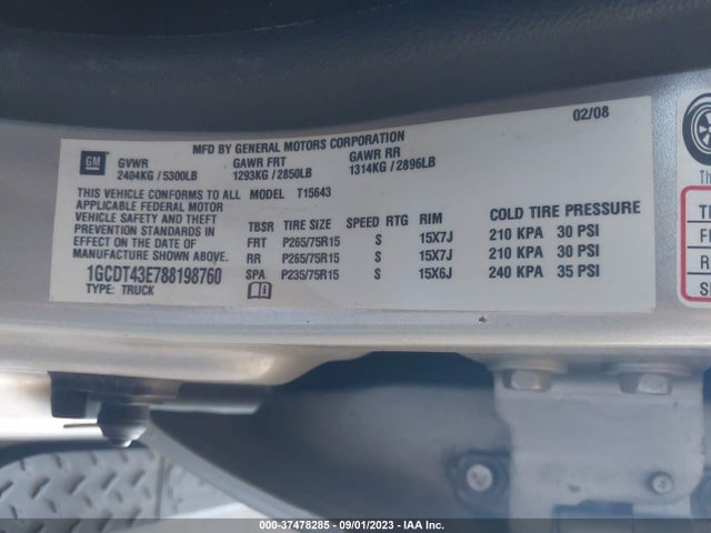 2008 CHEVROLET COLORADO LT W/2LT VIN: 1GCDT43E788198760