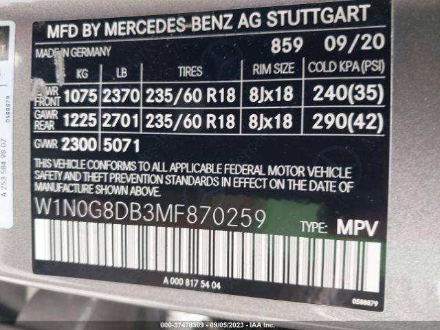 W1N0G8DB3MF870259 Mercedes-Benz Glc Glc 300