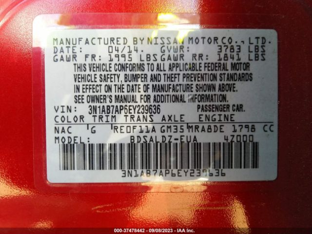3N1AB7AP6EY239636 Nissan Sentra S/fe+ S/sv/fe+ Sv/sr/sl