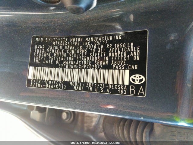 2017 TOYOTA COROLLA L/LE/XLE/SE VIN: 5YFBURHEXHP702877