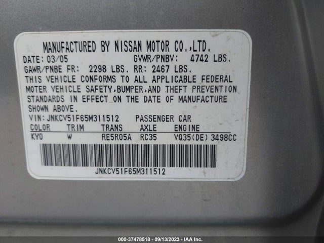 2005 INFINITI G35 SEDAN VIN: JNKCV51F65M311512
