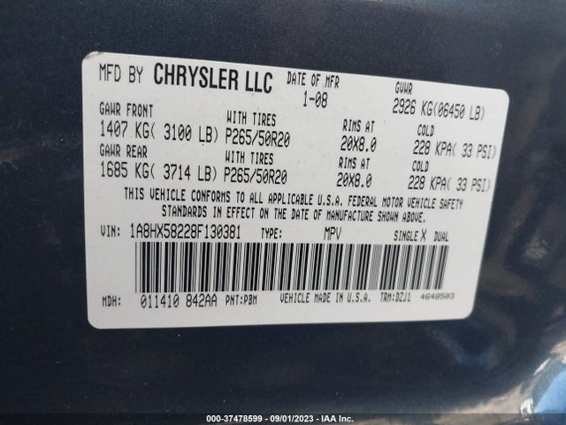 2008 CHRYSLER ASPEN LIMITED VIN: 1A8HX58228F130381