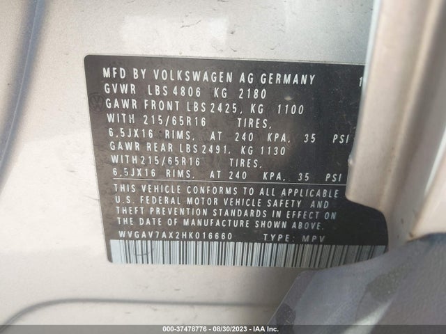 2017 VOLKSWAGEN TIGUAN VIN: WVGAV7AX2HK016660