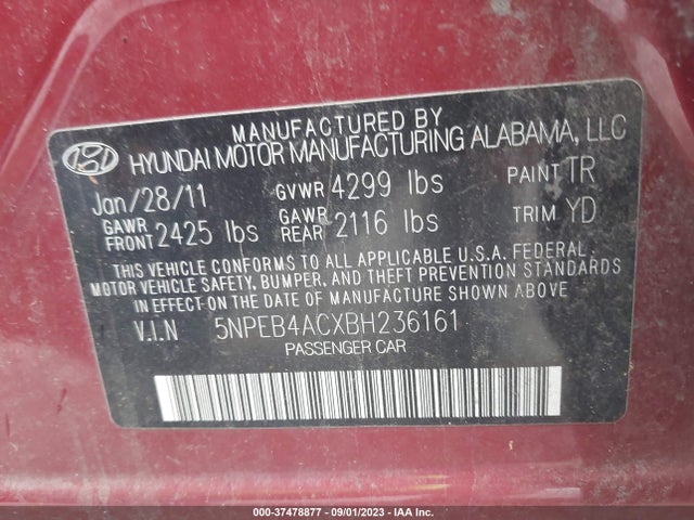 2011 HYUNDAI SONATA GLS VIN: 5NPEB4ACXBH236161
