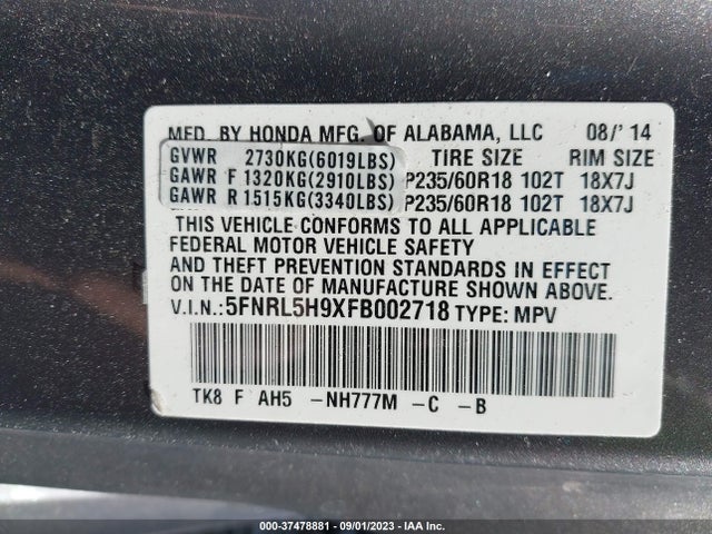 Honda Odyssey Touring 2015 5FNRL5H9XFB002718 Image 9