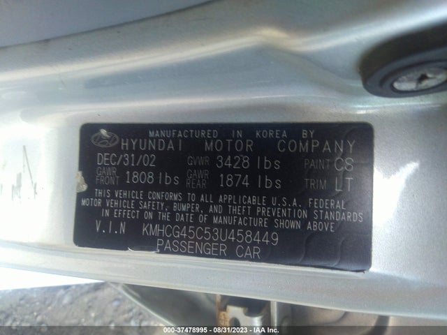 2003 HYUNDAI ACCENT GL VIN: KMHCG45C53U458449