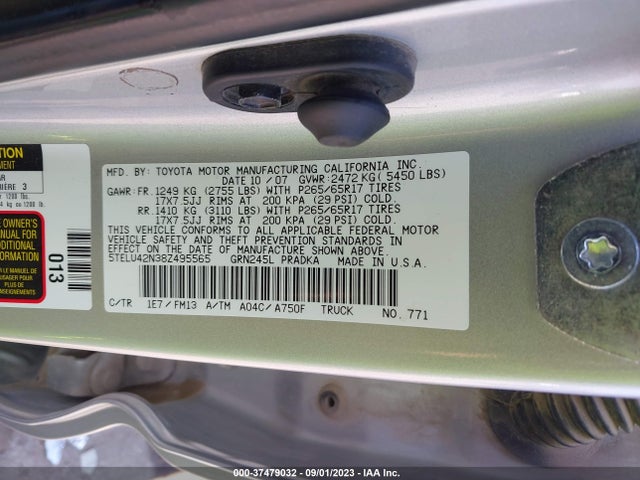 2008 TOYOTA TACOMA BASE V6 VIN: 5TELU42N38Z495565