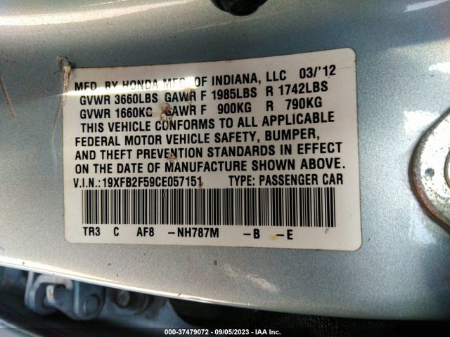 2012 HONDA CIVIC SDN LX VIN: 19XFB2F59CE057151