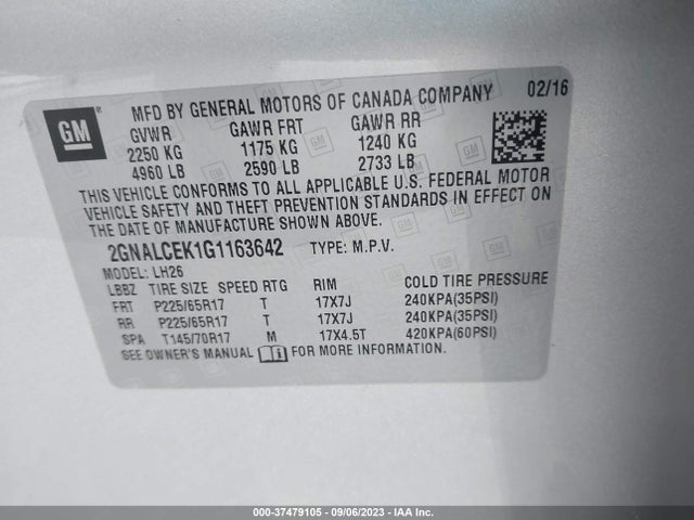 Chevrolet EQUINOX LT 2016 2GNALCEK1G1163642 Image 9
