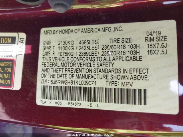 5J6RW2H81KL009071 Honda Cr-v Ex-l