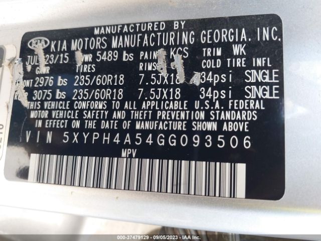 5XYPH4A54GG093506 KIA SORENTO EX