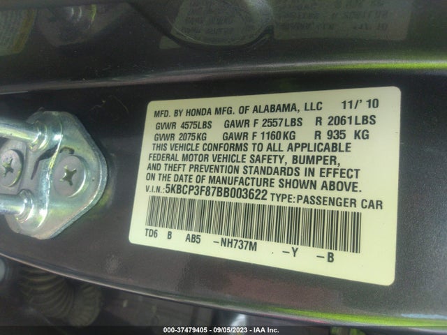 2011 HONDA ACCORD SDN EX-L VIN: 5KBCP3F87BB003622