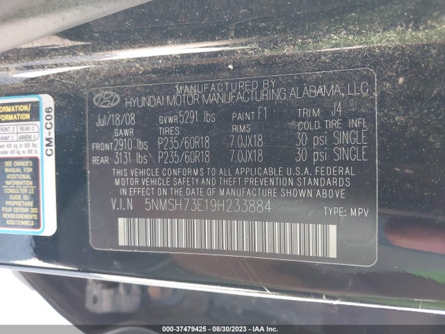 2009 HYUNDAI SANTA FE SE VIN: 5NMSH73E19H233884