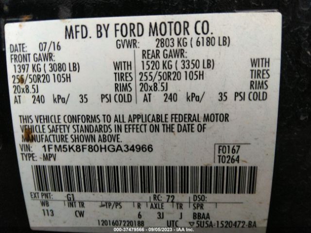 1FM5K8F80HGA34966 Ford Explorer Limited