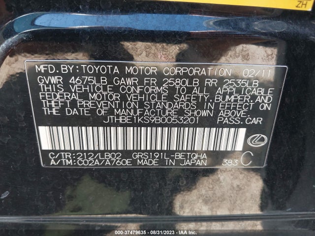 Продаж на аукціоні авто 2011 Lexus Gs 350, vin: JTHBE1KS9B0053201, номер лоту: 37479635