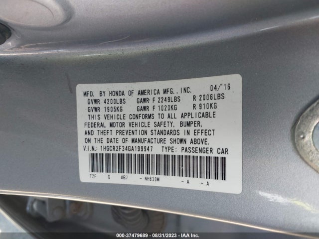 Honda ACCORD LX 2016 1HGCR2F34GA199947 Image 9