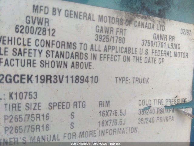 1997 CHEVROLET C/K 1500 VIN: 2GCEK19R3V1189410