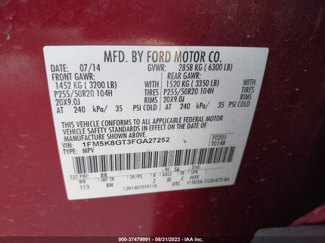 Ford EXPLORER SPORT 2015 1FM5K8GT3FGA27252 Image 9