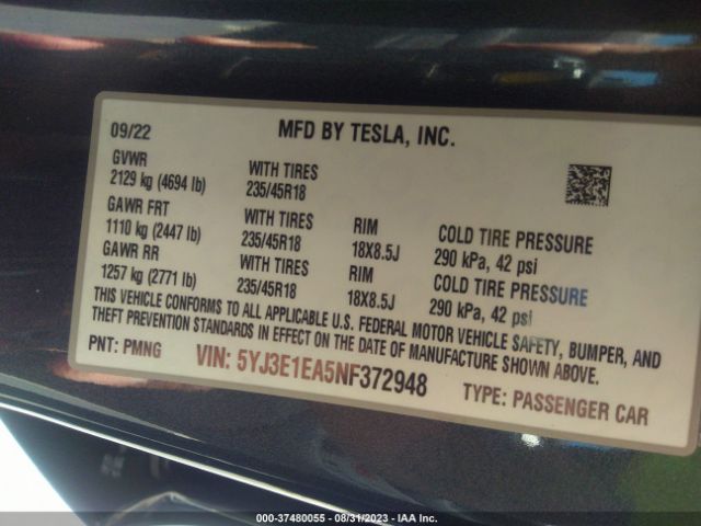 5YJ3E1EA5NF372948 Tesla MODEL 3