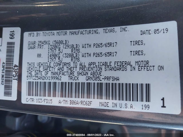 2019 TOYOTA TACOMA 4WD SR/SR5/TRD SPORT VIN: 5TFCZ5AN2KX199962