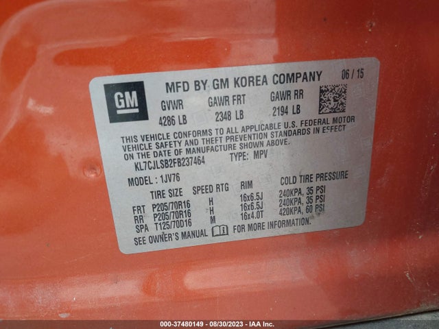 Chevrolet Trax Lt 2015 KL7CJLSB2FB237464 Image 9