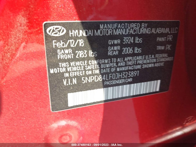 2018 HYUNDAI ELANTRA SEL VIN: 5NPD84LF0JH323891