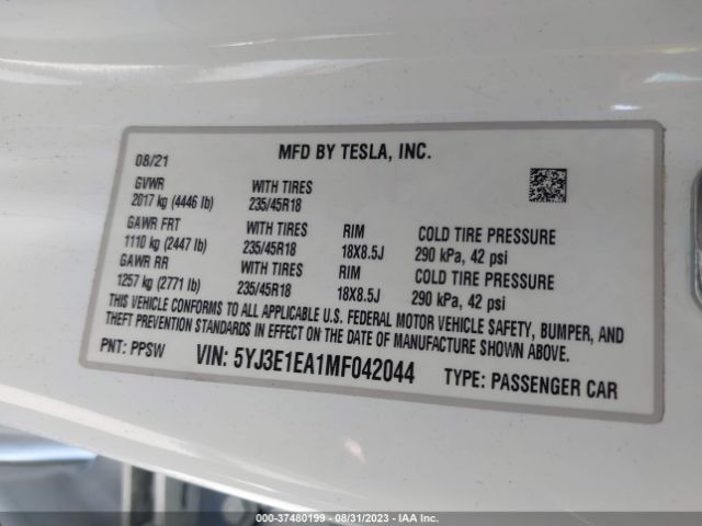 5YJ3E1EA1MF042044 Tesla Model 3 Standard Range Plus