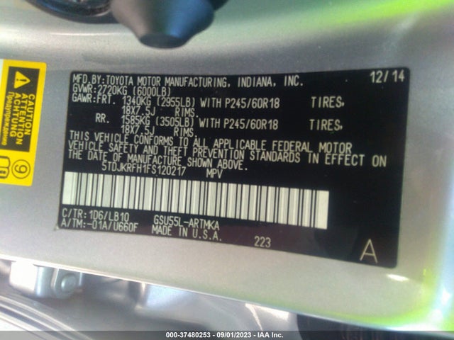 Toyota Highlander Xle 2015 5TDJKRFH1FS120217 Image 9