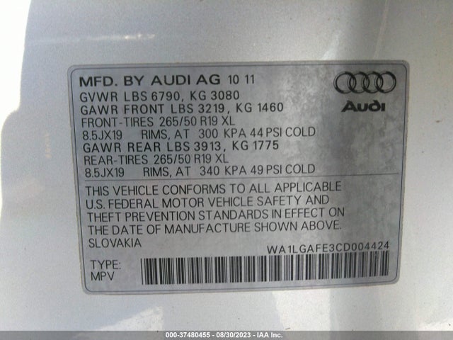 2012 AUDI Q7 3.0T PREMIUM PLUS VIN: WA1LGAFE3CD004424