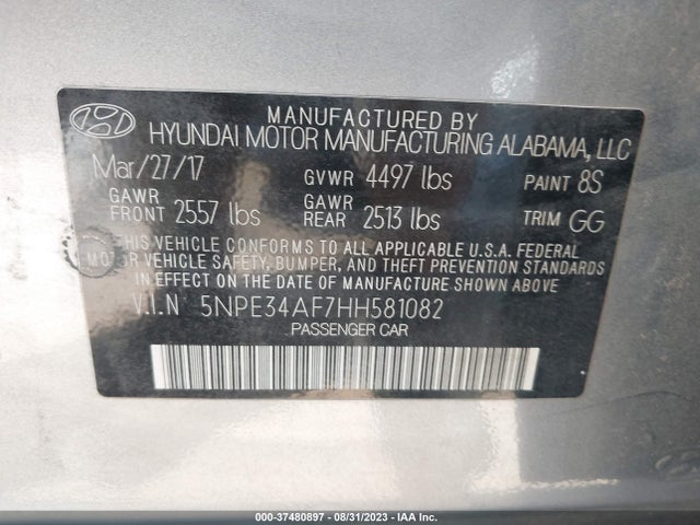 2017 HYUNDAI SONATA SPORT VIN: 5NPE34AF7HH581082
