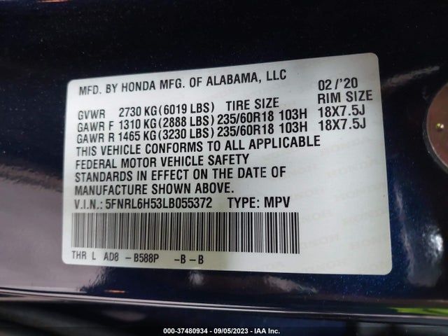 Honda ODYSSEY EX 2020 5FNRL6H53LB055372 Image 9
