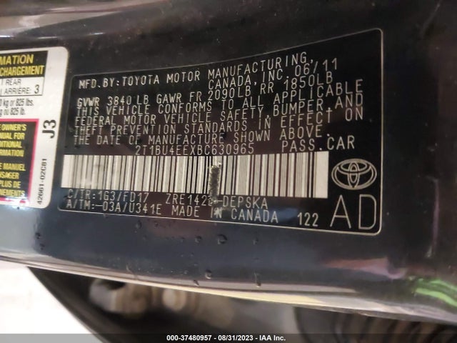 2011 TOYOTA COROLLA L/LE/S VIN: 2T1BU4EEXBC630965