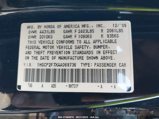 2010 HONDA ACCORD SDN EX VIN: 1HGCP2F7XAA069736