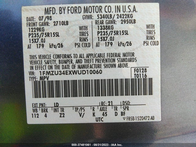 1998 FORD EXPLORER XL/XLT VIN: 1FMZU34EXWUD10060