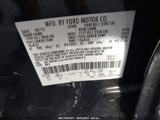 2013 FORD EDGE SEL VIN: 2FMDK3JC0DBC88673
