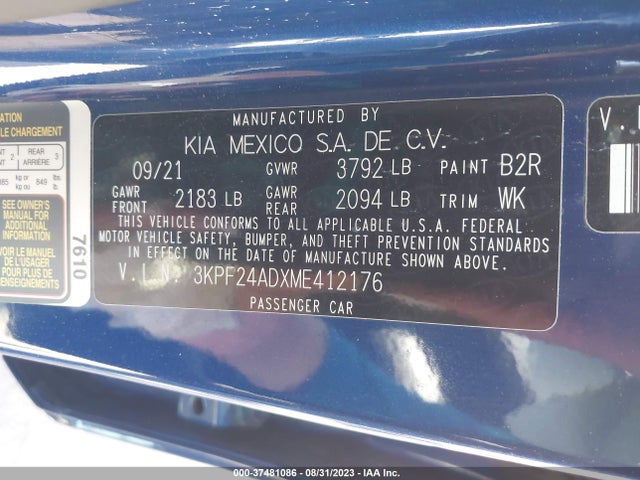 2021 KIA FORTE LXS VIN: 3KPF24ADXME412176