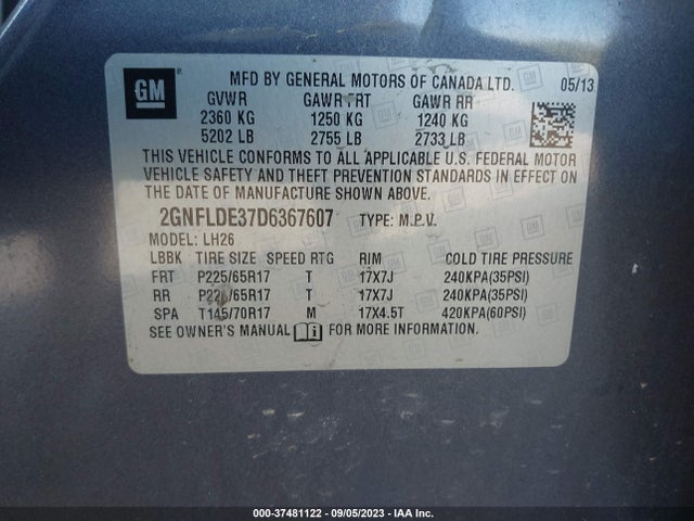 2013 CHEVROLET EQUINOX LT VIN: 2GNFLDE37D6367607