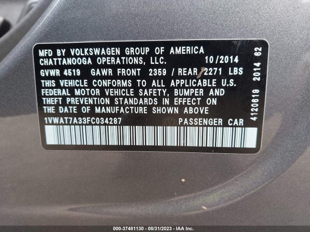 1VWAT7A33FC034287 Volkswagen Passat 1.8t Wolfsburg Ed