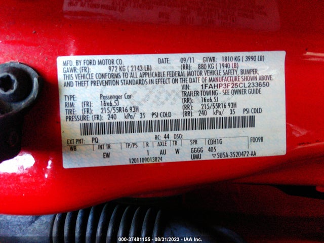 2012 FORD FOCUS SE VIN: 1FAHP3F25CL233650