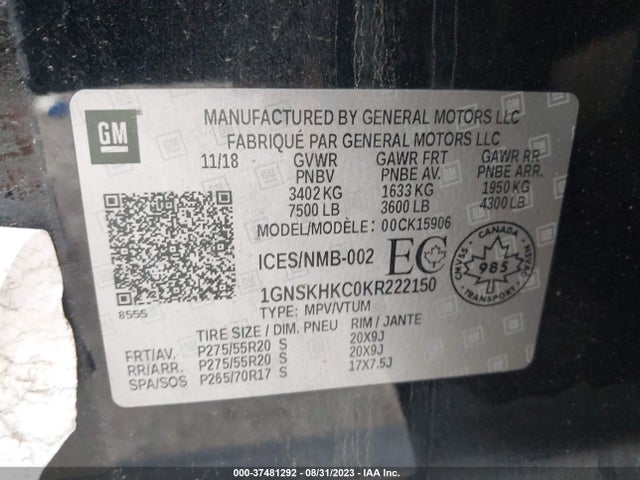 Chevrolet Suburban Lt 2019 1GNSKHKC0KR222150 Image 9