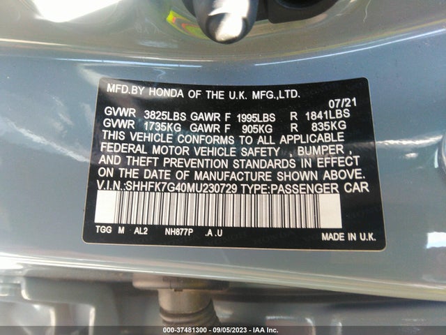 2021 HONDA CIVIC HATCHBACK SPORT VIN: SHHFK7G40MU230729