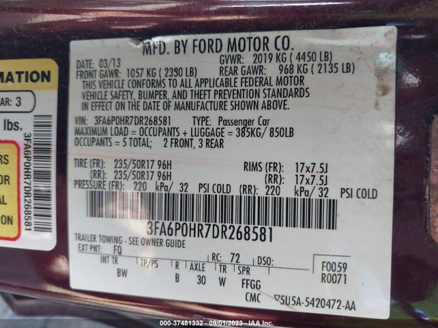 2013 FORD FUSION SE VIN: 3FA6P0HR7DR268581