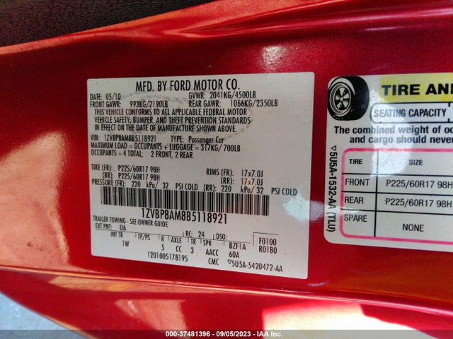 2011 FORD MUSTANG V6 VIN: 1ZVBP8AM8B5118921