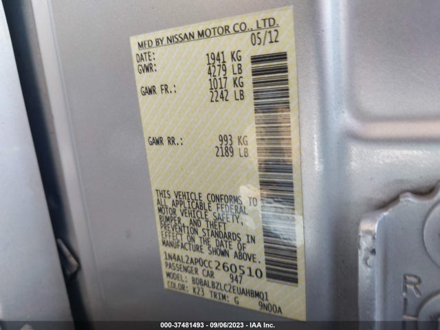 2012 NISSAN ALTIMA 2.5 SL VIN: 1N4AL2AP0CC260510
