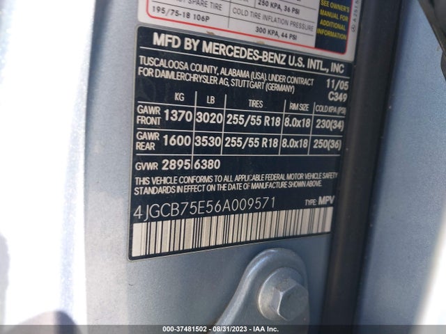 2006 MERCEDES-BENZ R-CLASS 5.0L VIN: 4JGCB75E56A009571
